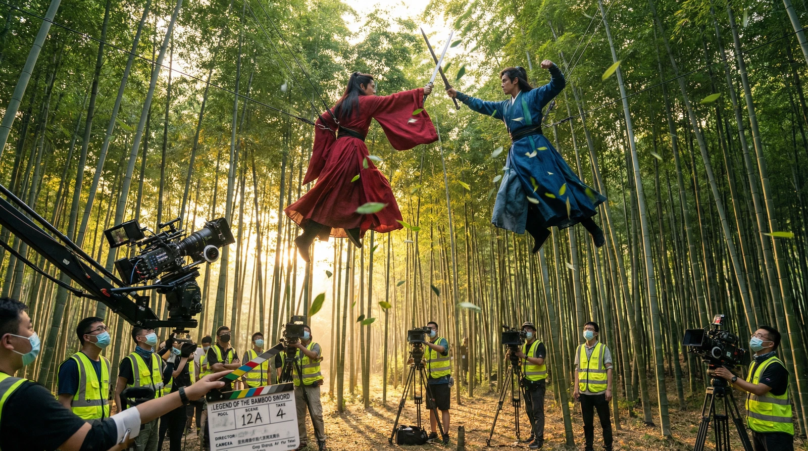 萝莉岛武侠动作片竹林对决拍摄现场